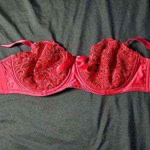 Sheer Red Embroidered 38C Cup Vintage Victoria's Secret Bra 3 Adjustable Clips